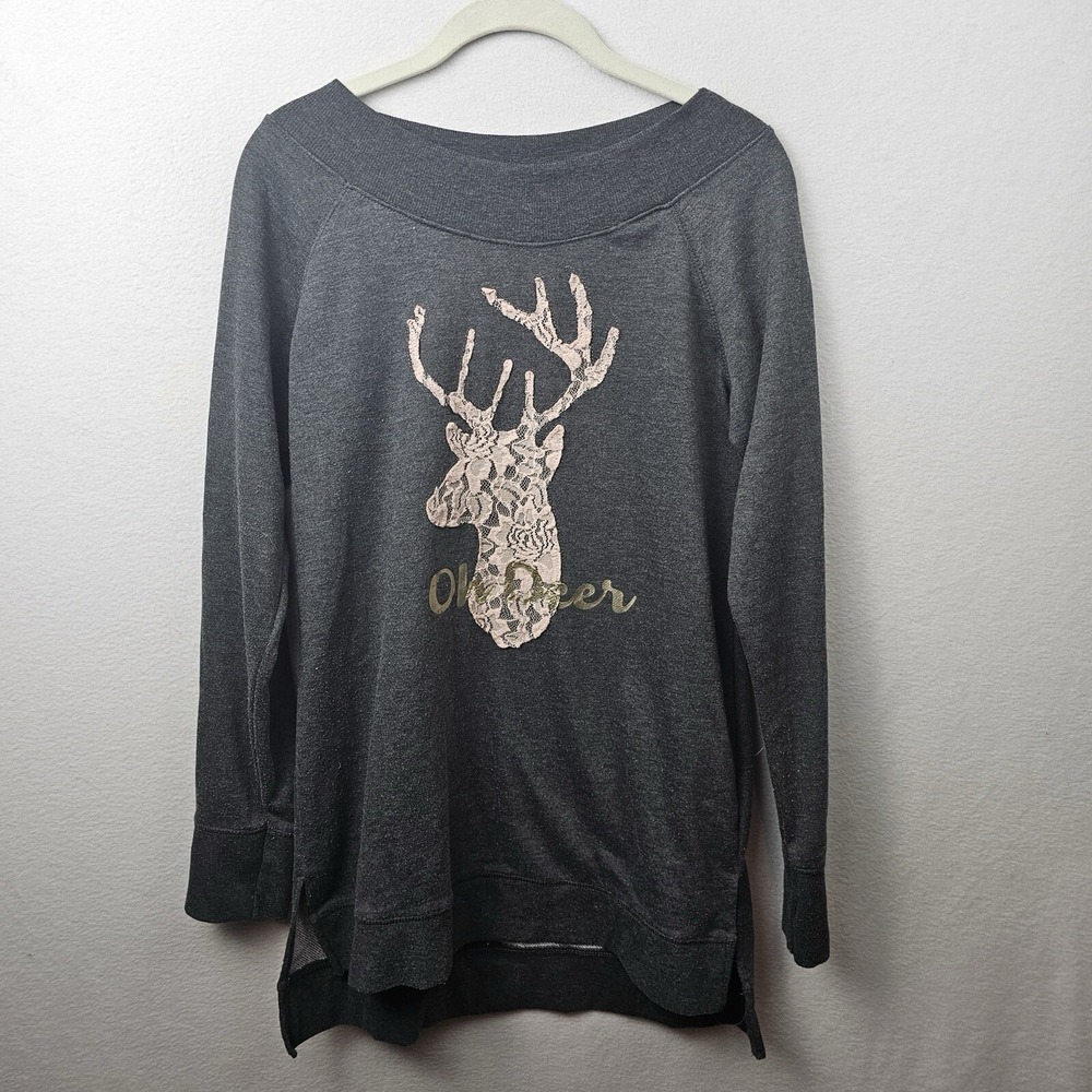 Maurice's Sweater Woman's Size Medium Black Pink Long Sleeve Lace Oh Deer